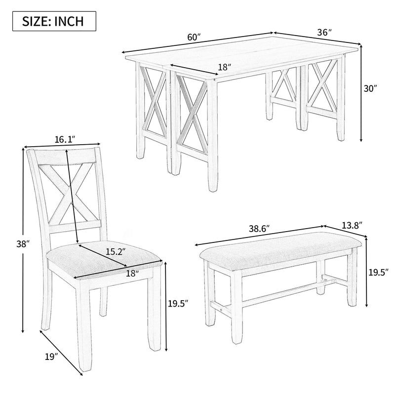 Dining set size diagram: foldable table, four chairs, and bench dimensions