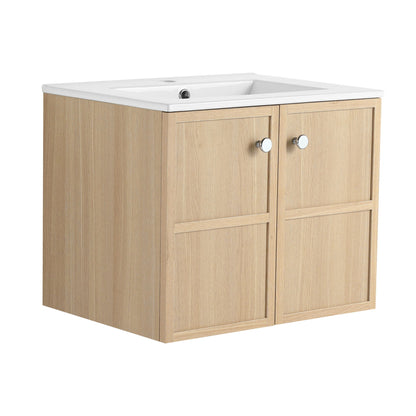 Wall-mounted bathroom vanity with light brown cabinet, white ceramic sink, two doors