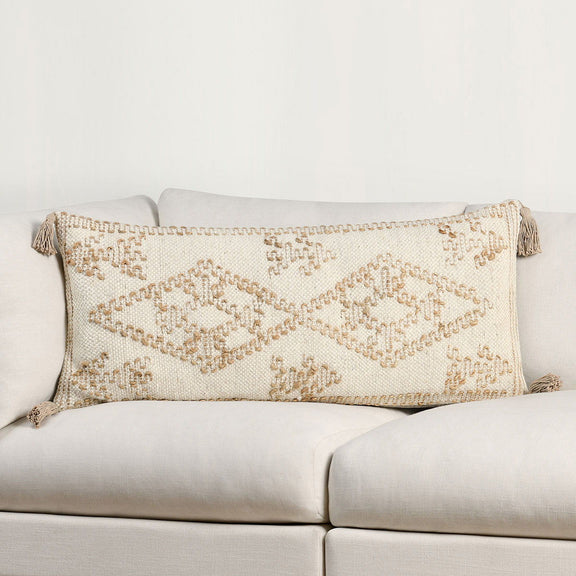 Ivory geometric embroidered lumbar pillow with corner tassels