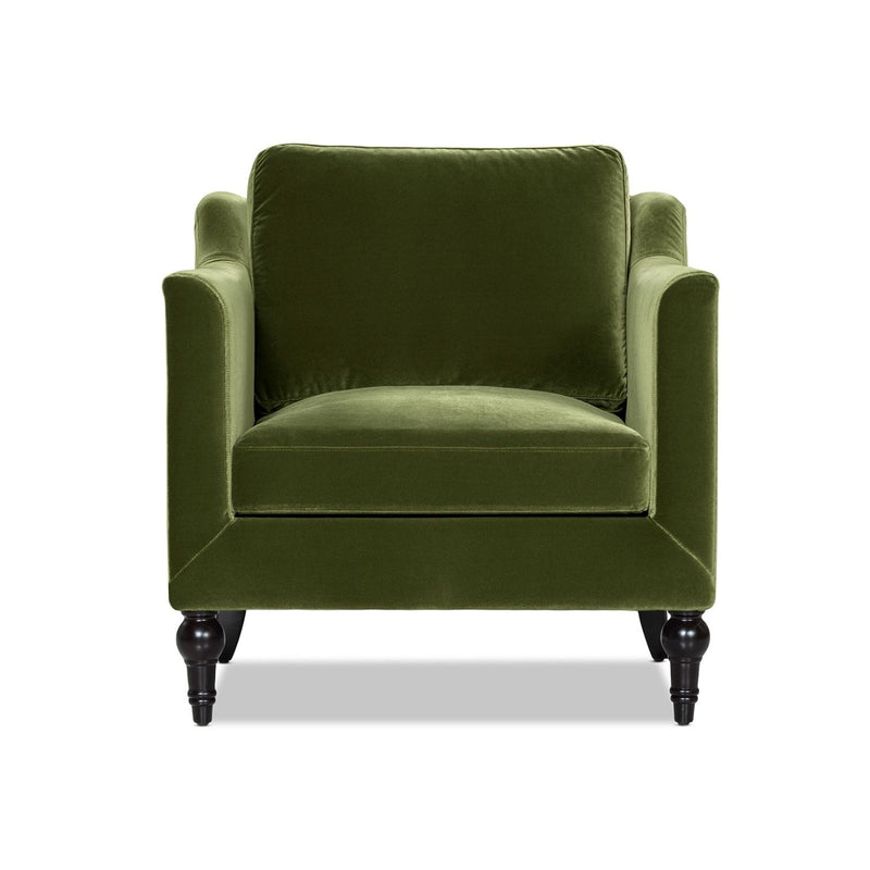 Green upholstered accent chair with square arms, cushioned seat and dark turned legs