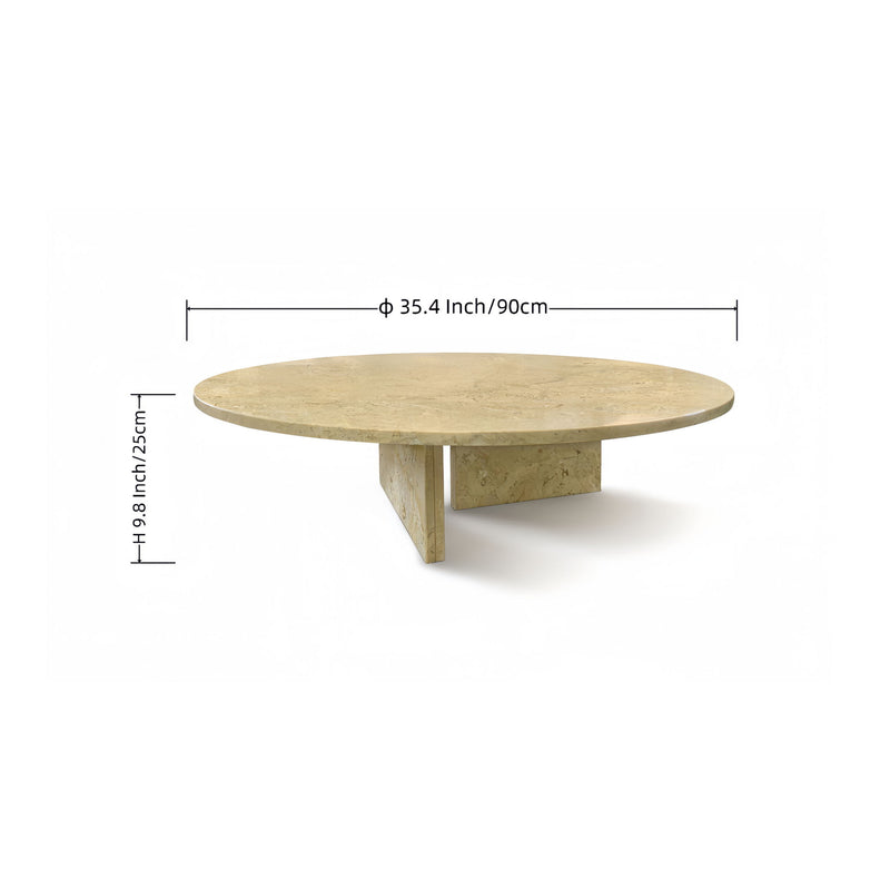 Beige round stone coffee table featuring unique veining and thick angular base.