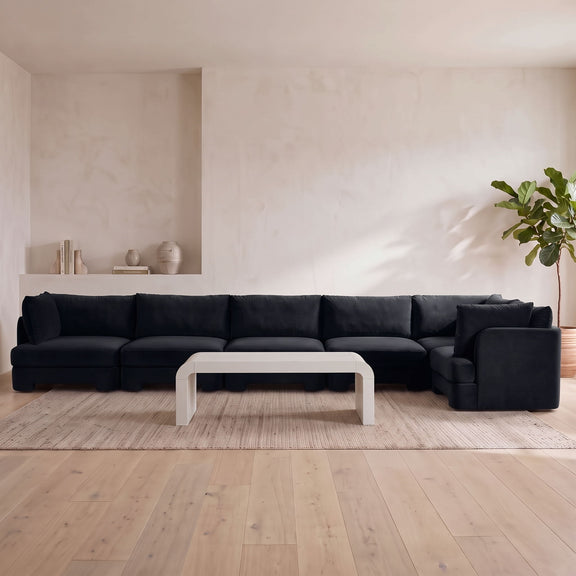 Dark/black velvet upholstered L-shaped sectional sofa set with 6 pieces
