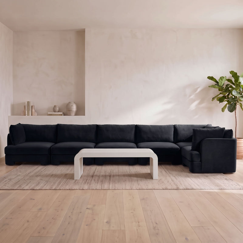 Dark/black velvet upholstered L-shaped sectional sofa set with 6 pieces