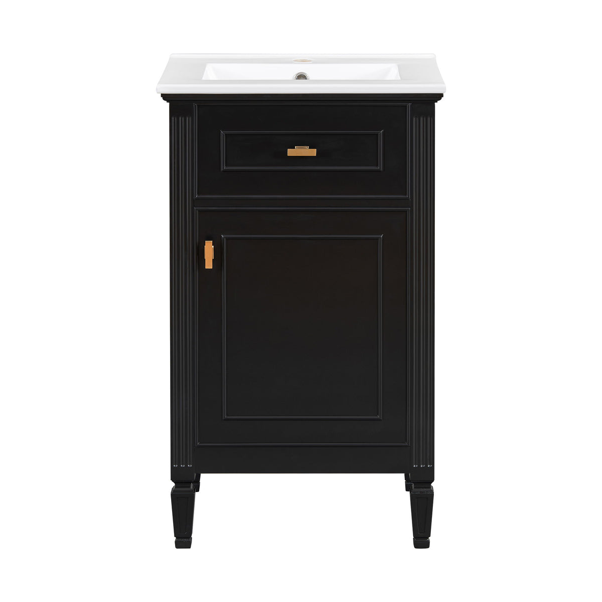 Black bathroom vanity with white sink, central drawer, and cabinet door