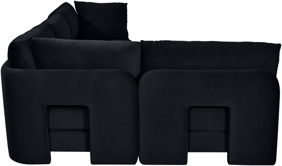 Black armless velvet sectional sofa with tufted look and back pillows, 4-piece set.