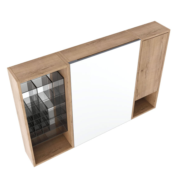 Wall-mounted mirror cabinet with oak-finish door and integrated mirror panel.