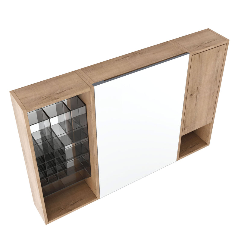 Wall-mounted mirror cabinet with oak-finish door and integrated mirror panel.