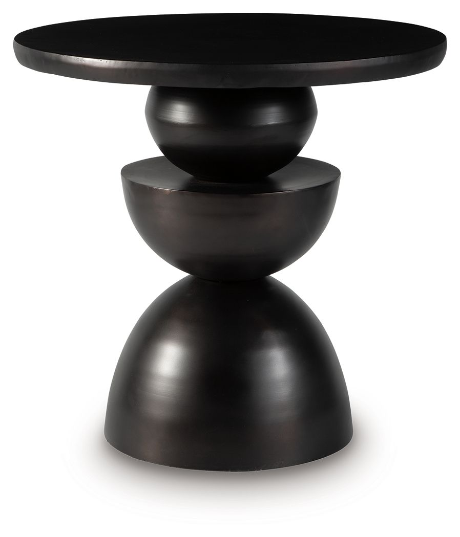 Bronze accent table with round top and stacked pedestal base, front view