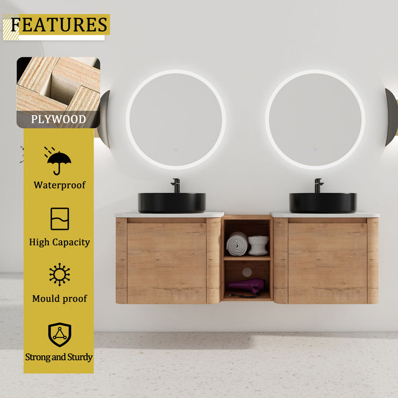 Wall-mounted bathroom vanity with two black vessel sinks and open center shelf, wood cabinet