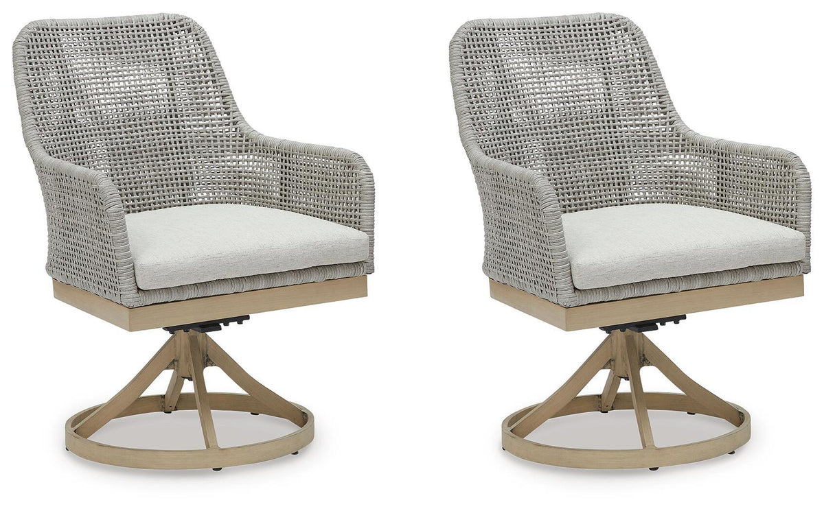 Pair of gray woven swivel chairs with white cushions and round bases