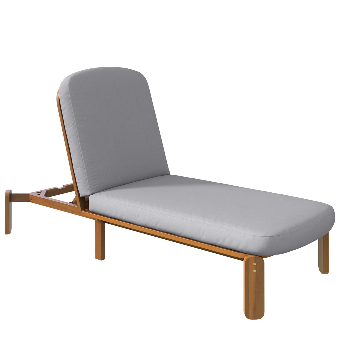 Gray outdoor chaise lounge with adjustable backrest and padded seat, wood frame.