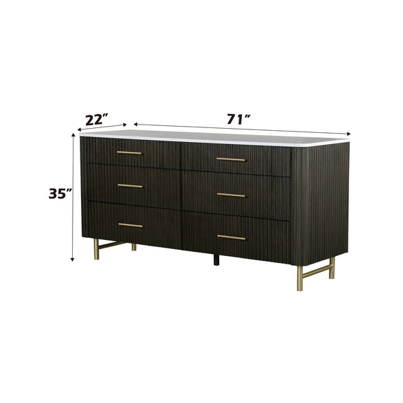 Espresso sideboard dresser with white marble top, six drawers, gold bar hardware, tall legs.