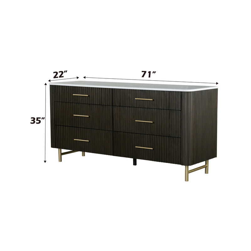 Espresso sideboard dresser with white marble top, six drawers, gold bar hardware, tall legs.