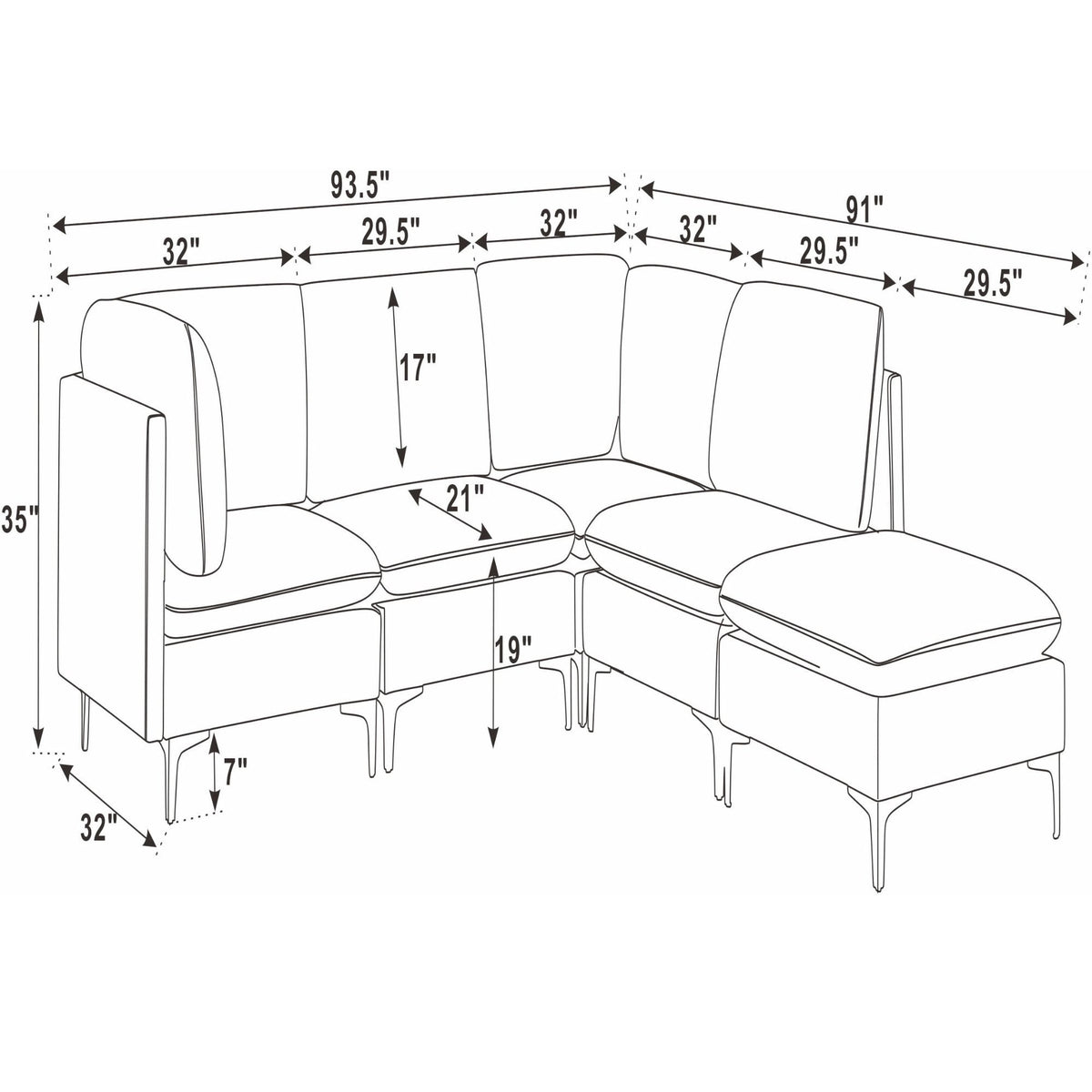 Line drawing of modular sectional sofa with tall legs, showing seat and ottoman dimensions