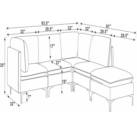 Line drawing of modular sectional sofa with tall legs, showing seat and ottoman dimensions