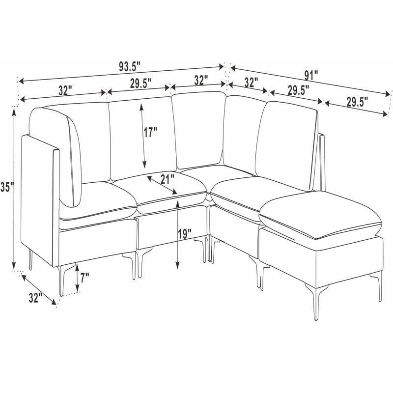 Line drawing of modular sectional sofa with tall legs, showing seat and ottoman dimensions
