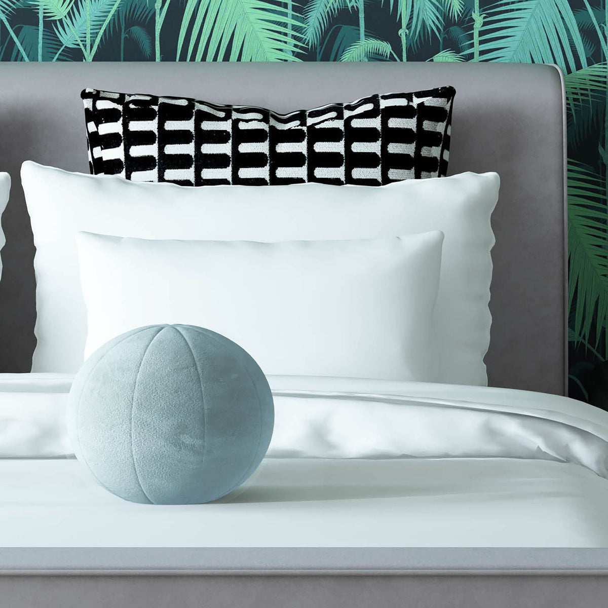Light blue round Boba-style throw pillow with stitched seam detail