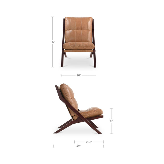 Tan leather-look accent chair, angled view, padded armrests and dark tapered legs
