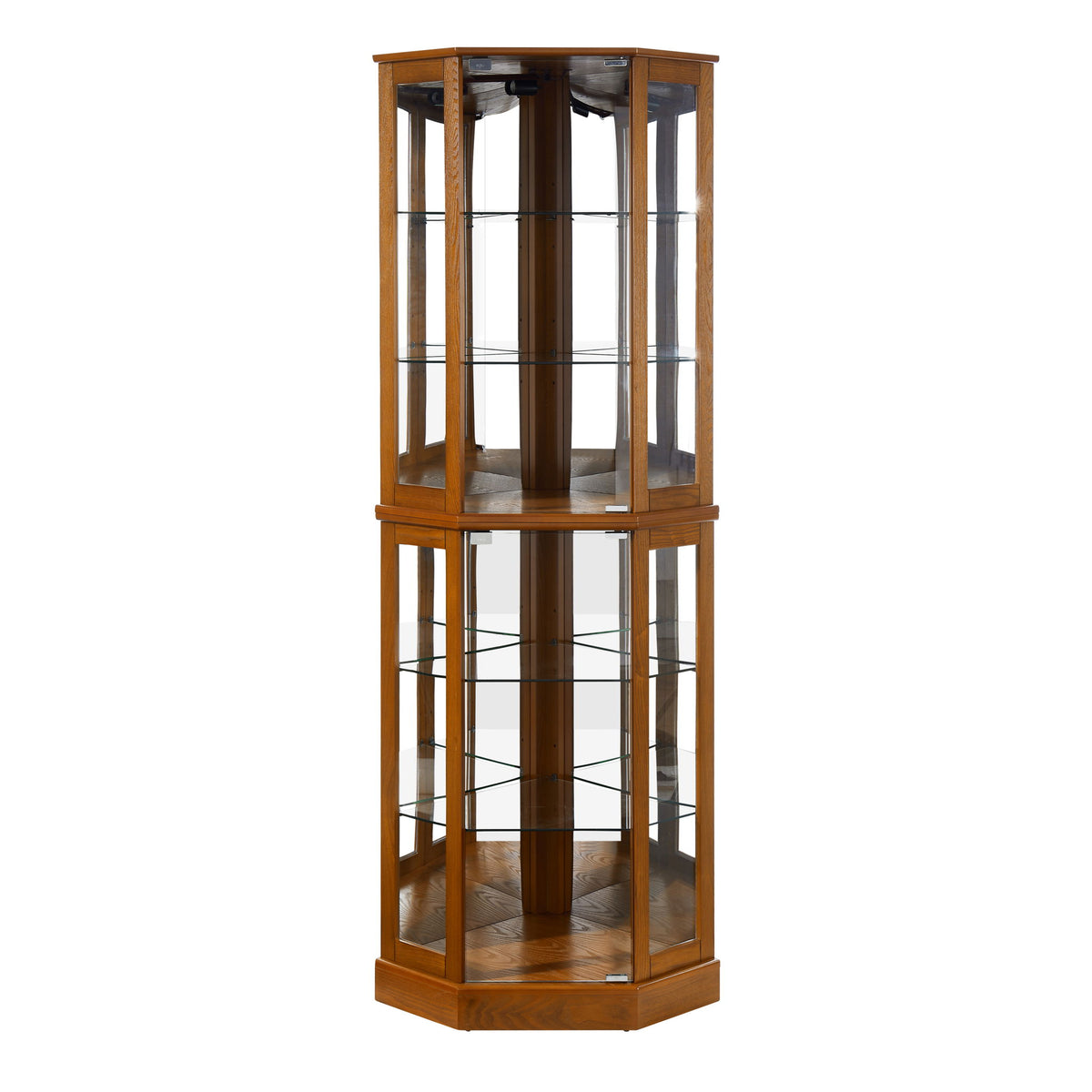 Tall dark brown corner display cabinet with glass sides, mirrored panels, adjustable shelves, lights