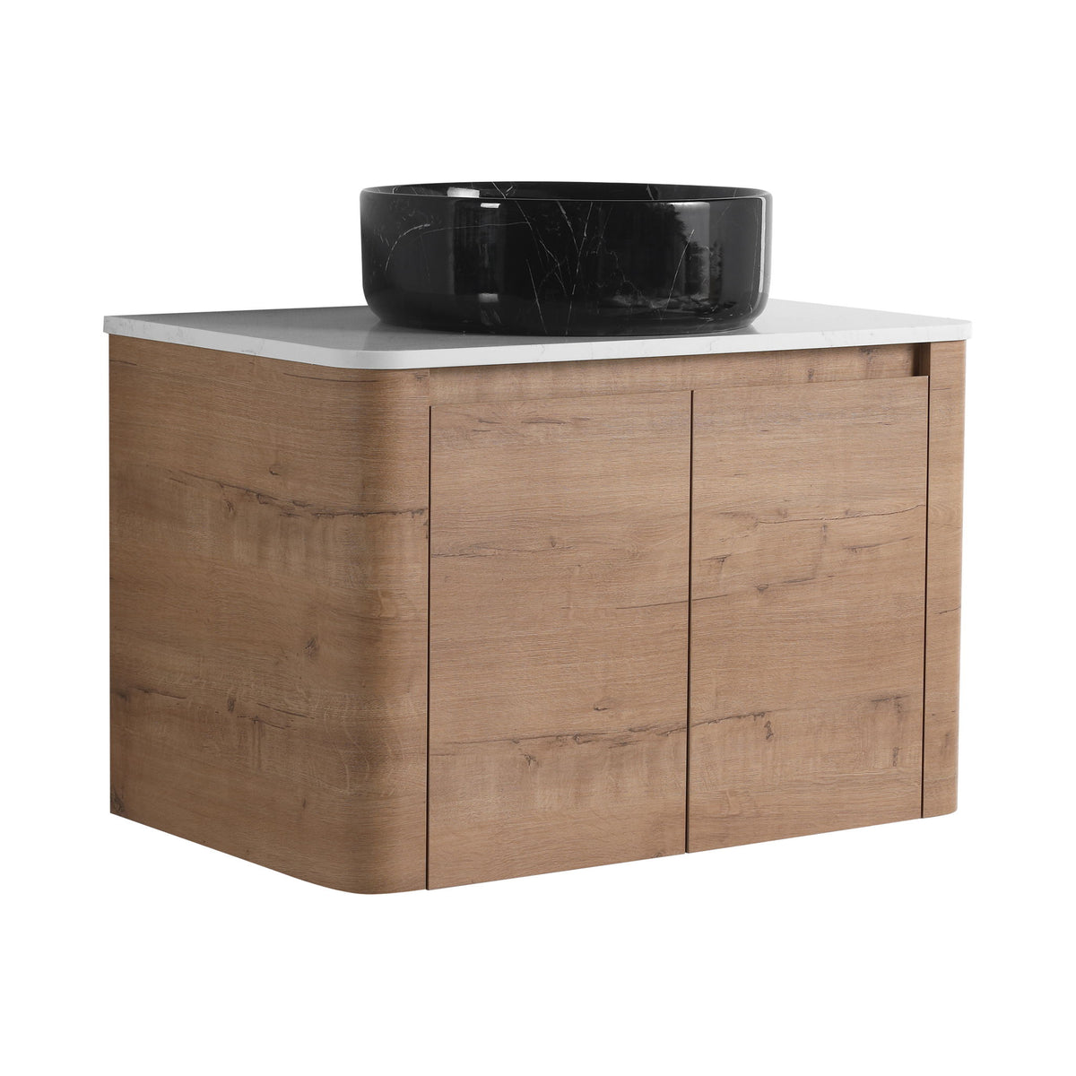 Wall-mounted bathroom vanity with black vessel sink and light wood cabinet