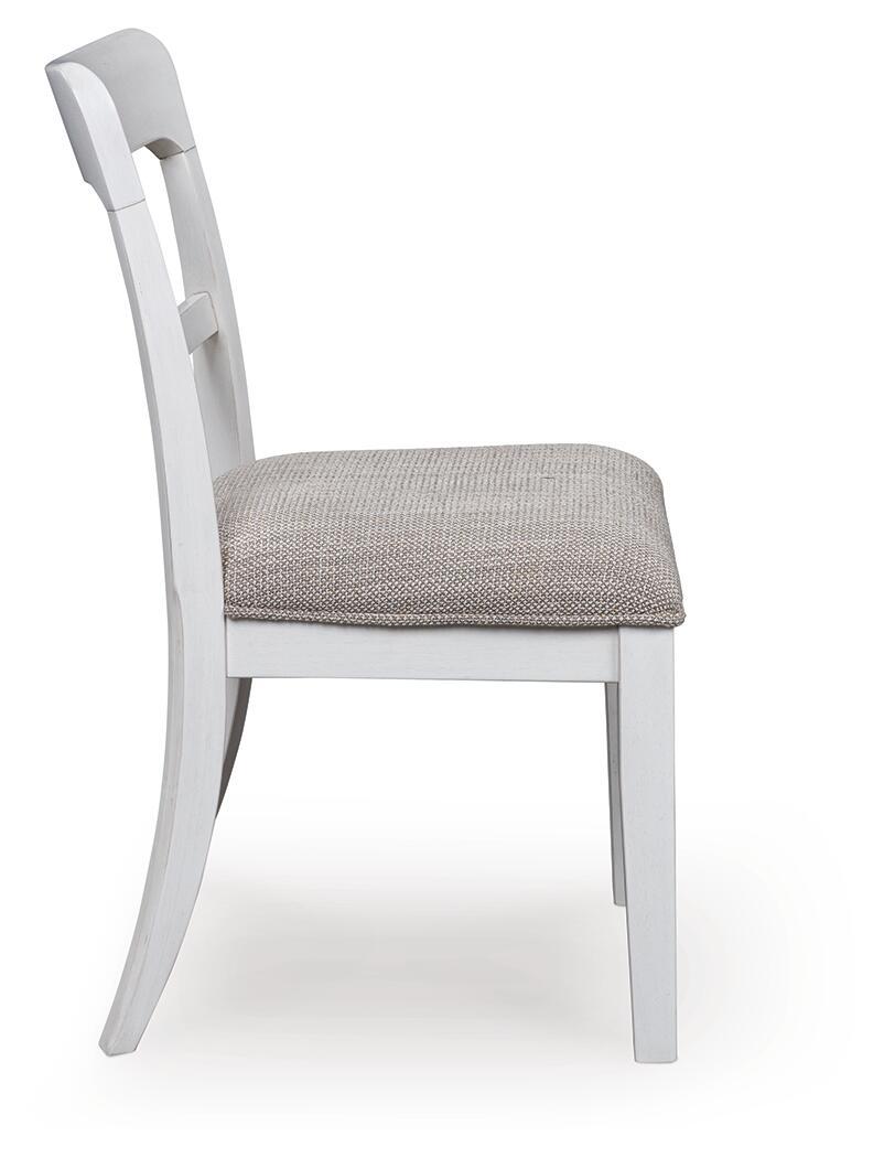 White upholstered dining side chair with light gray fabric seat and curved back