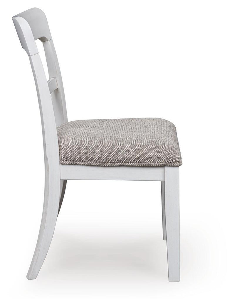 White upholstered dining side chair with light gray fabric seat and curved back