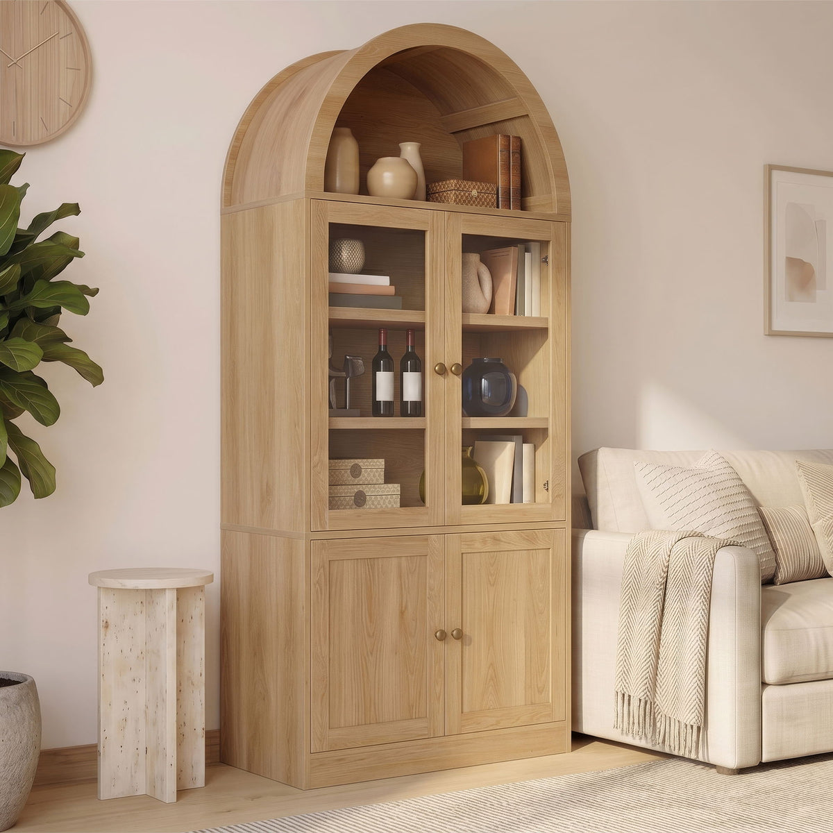 Light brown arched-top storage cabinet with open doors and multiple interior shelves