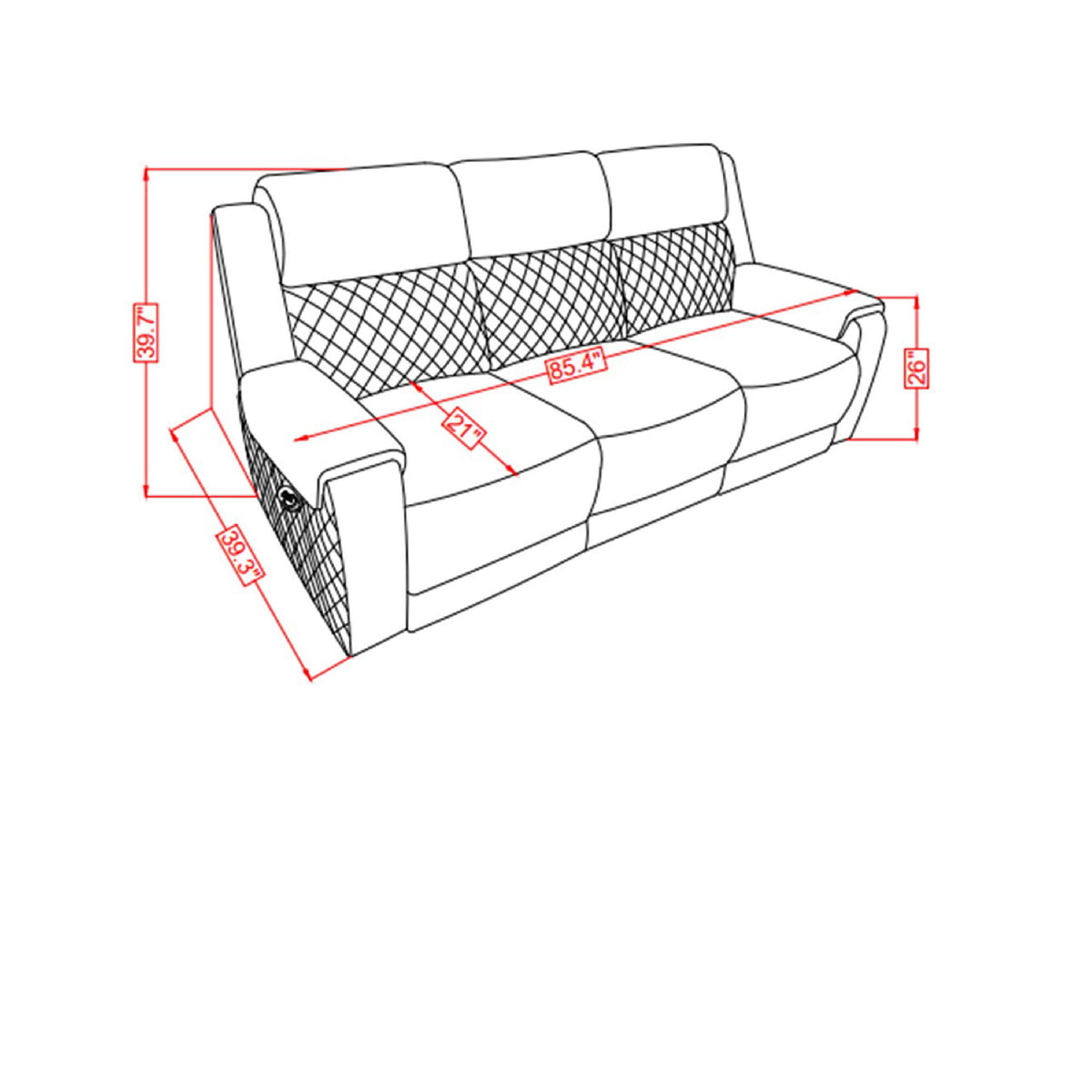 Gray reclining sofa with measurement diagram overlay and extended seat