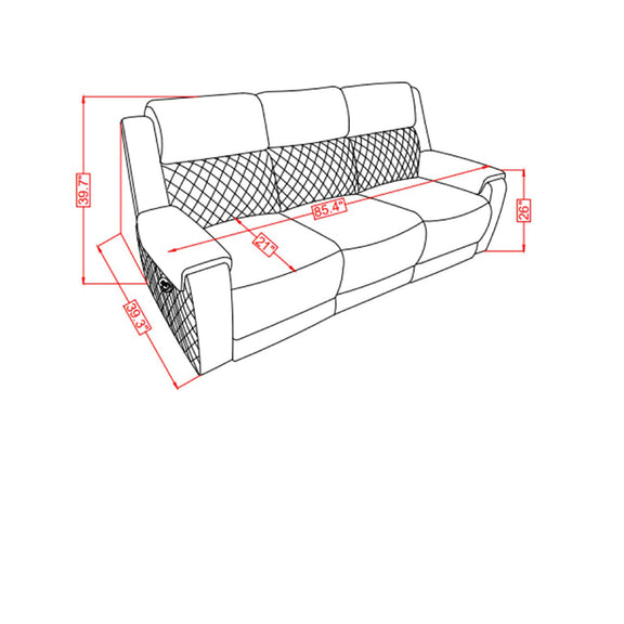 Gray reclining sofa with measurement diagram overlay and extended seat
