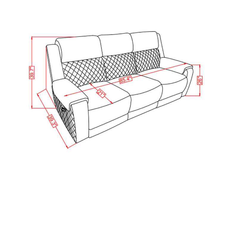 Gray reclining sofa with measurement diagram overlay and extended seat