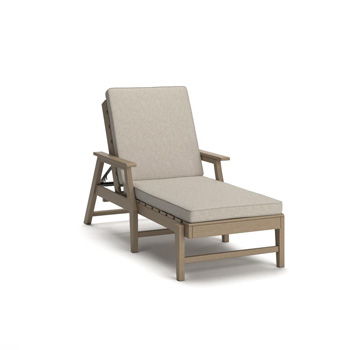 Grover Beach driftwood chaise lounge with beige cushions, wooden arms, and a footrest