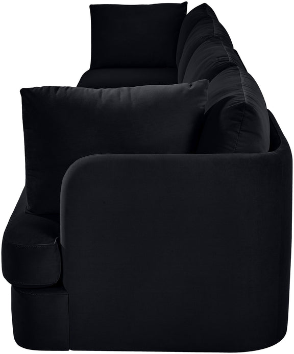 Black velvet performance fabric modular sofa with rounded arms and seat cushions