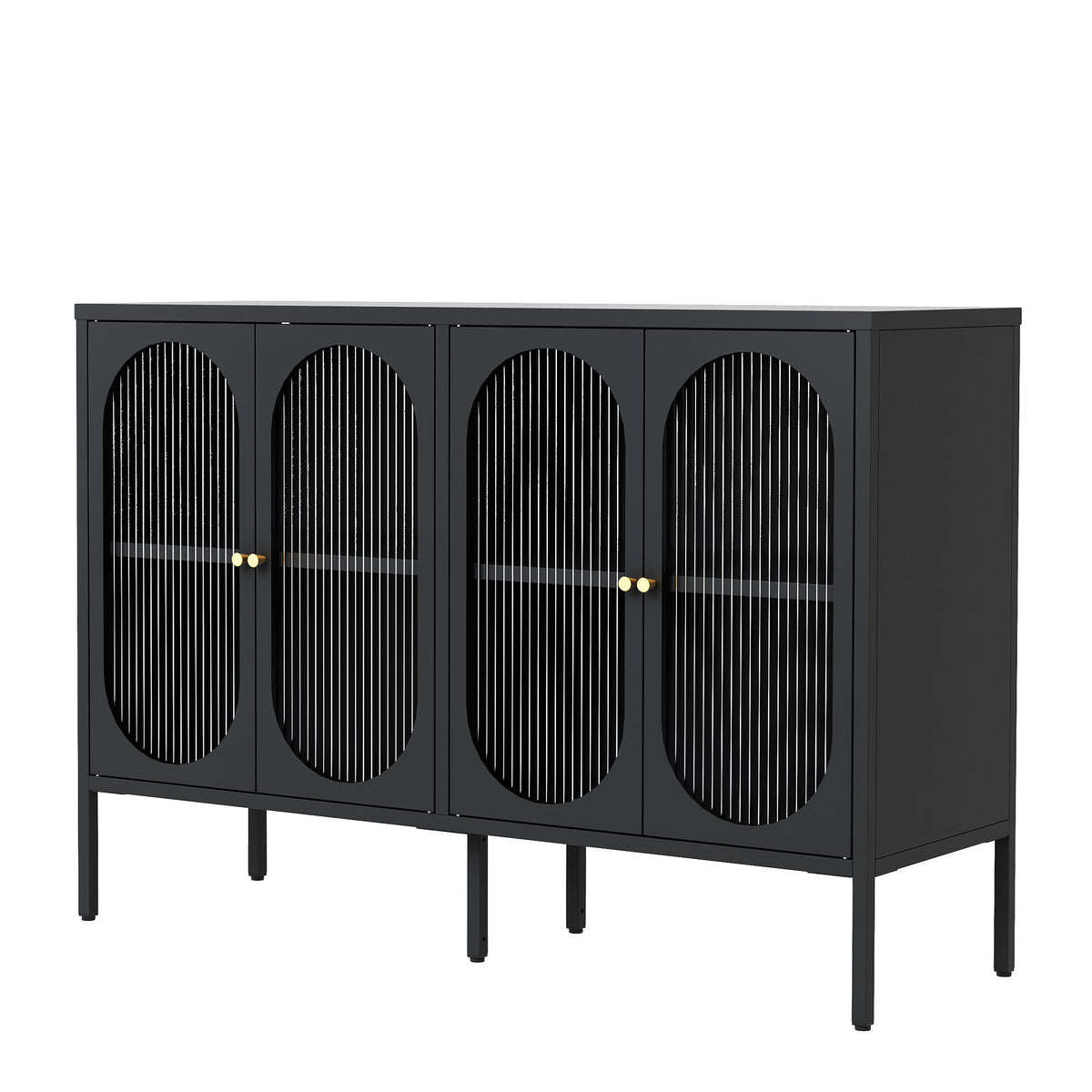 Modern Metal Sideboard Cabinet With 4 Glass Doors, Steel Kitchen Storage And Coffee Bar Cabinet - Black