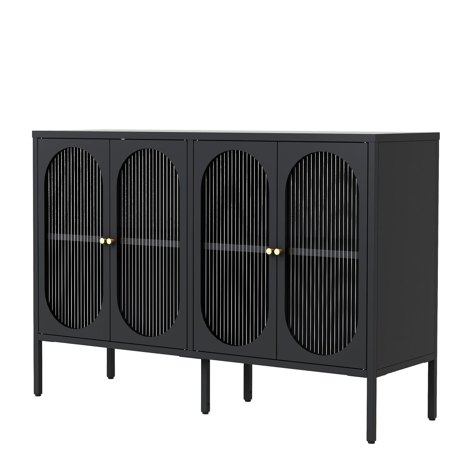 Modern Metal Sideboard Cabinet With 4 Glass Doors, Steel Kitchen Storage And Coffee Bar Cabinet - Black