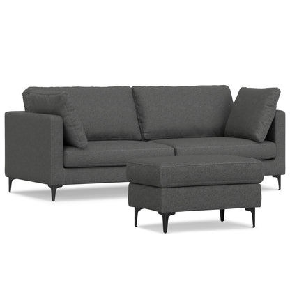 Mid-century dark gray sofa set with ottoman, two bolster pillows, and tapered legs