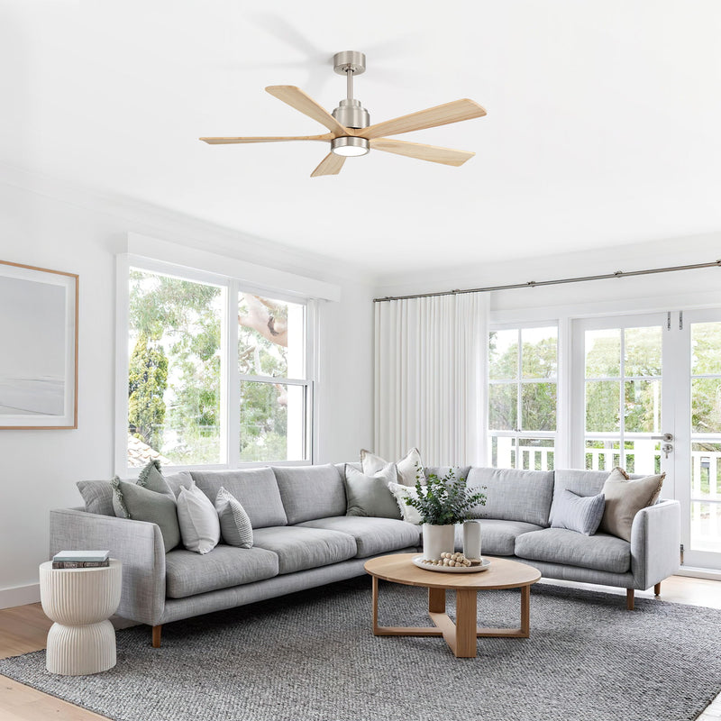 Ceiling fan with LED light and 5 wood blades mounted on ceiling