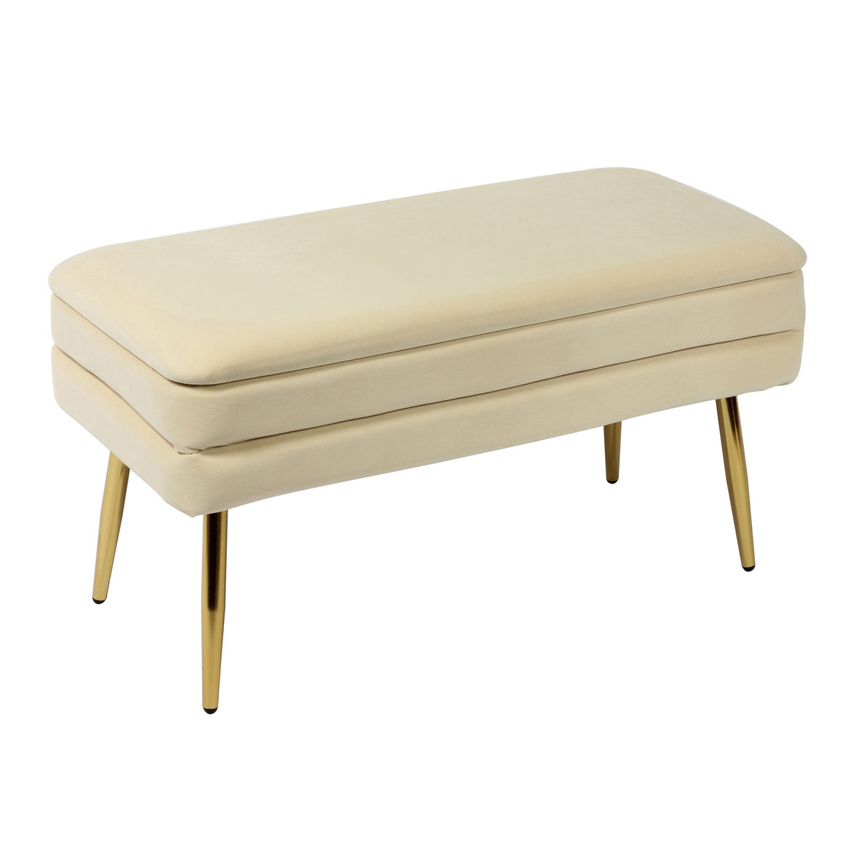 Ziva velvet storage bench in beige, padded lid and tapered gold legs.