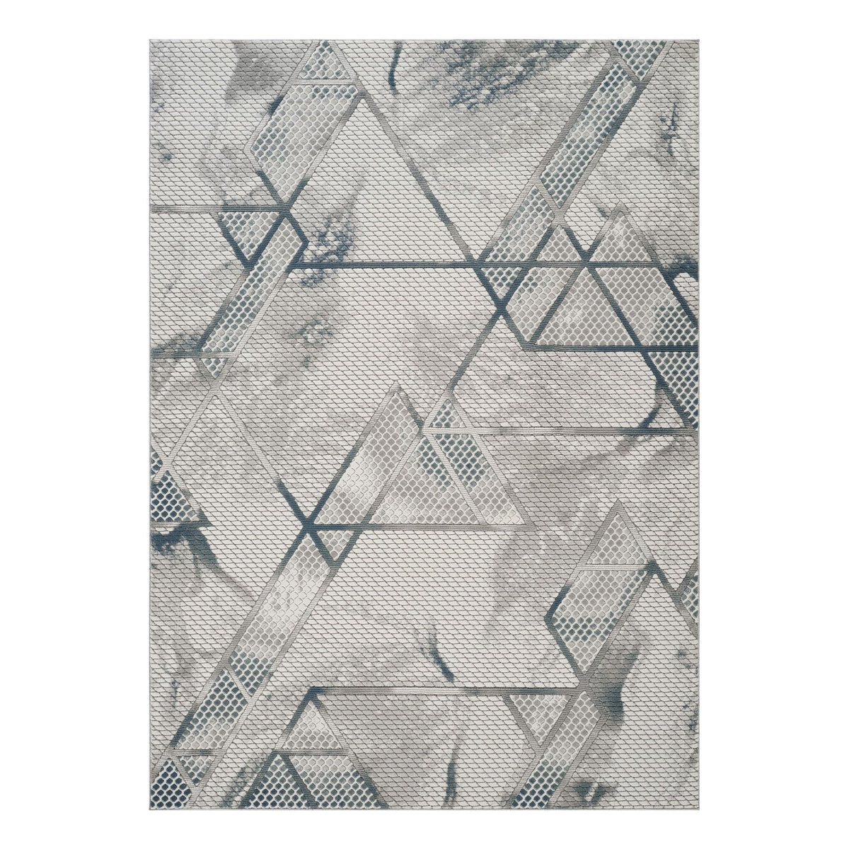 Ivory/gray geometric area rug with blue 3D crosshatch pattern
