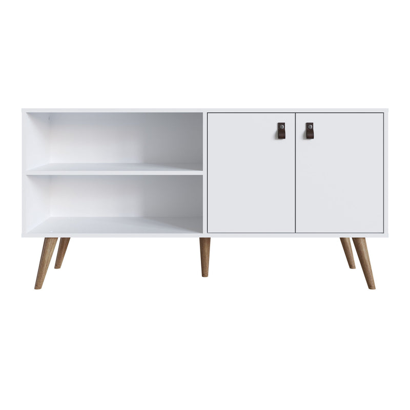 White TV stand with two open shelves, two cabinet doors, and tapered wood legs