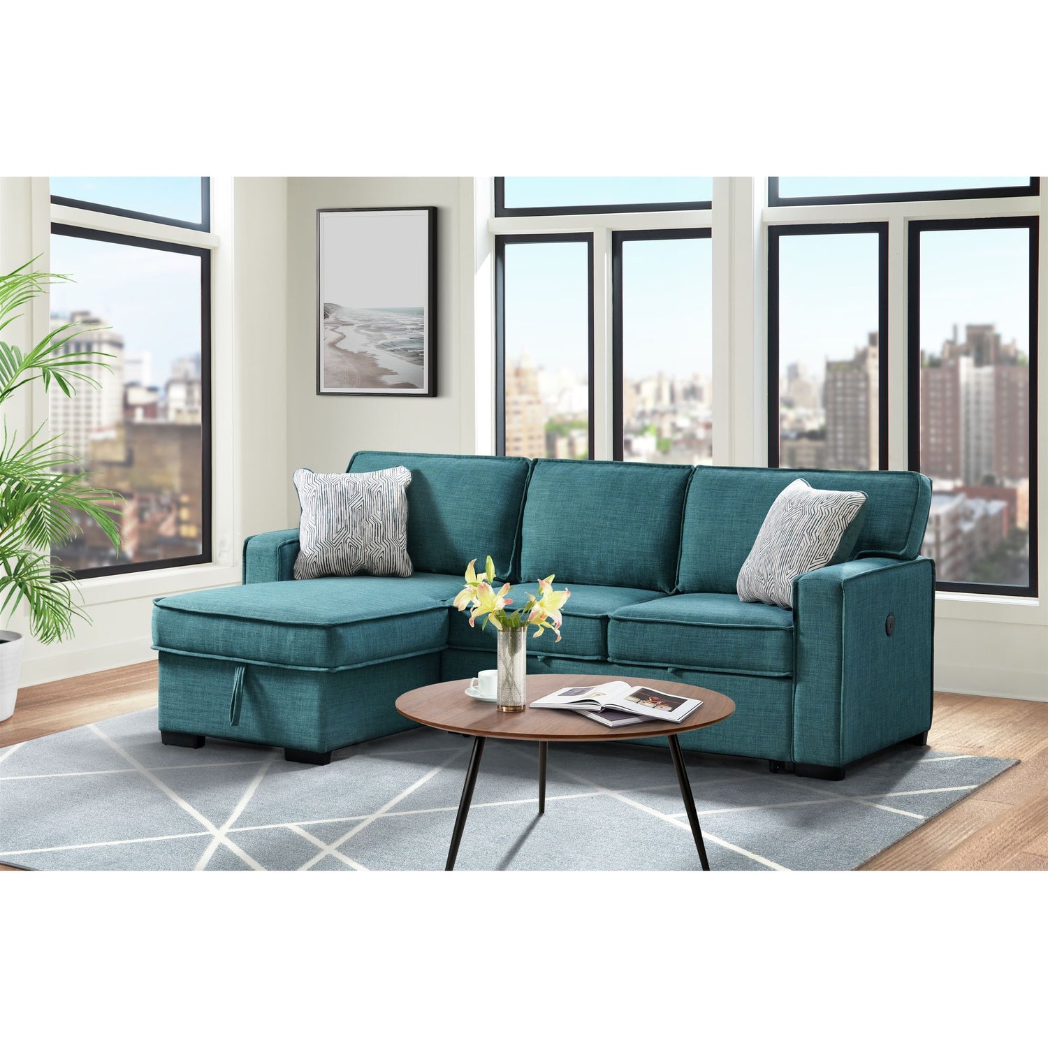 Caracas - Sectional RHF Loveseat With Pull Bed, Dropdown Table, 1 USB & 1 Pillow - Palmer Teal