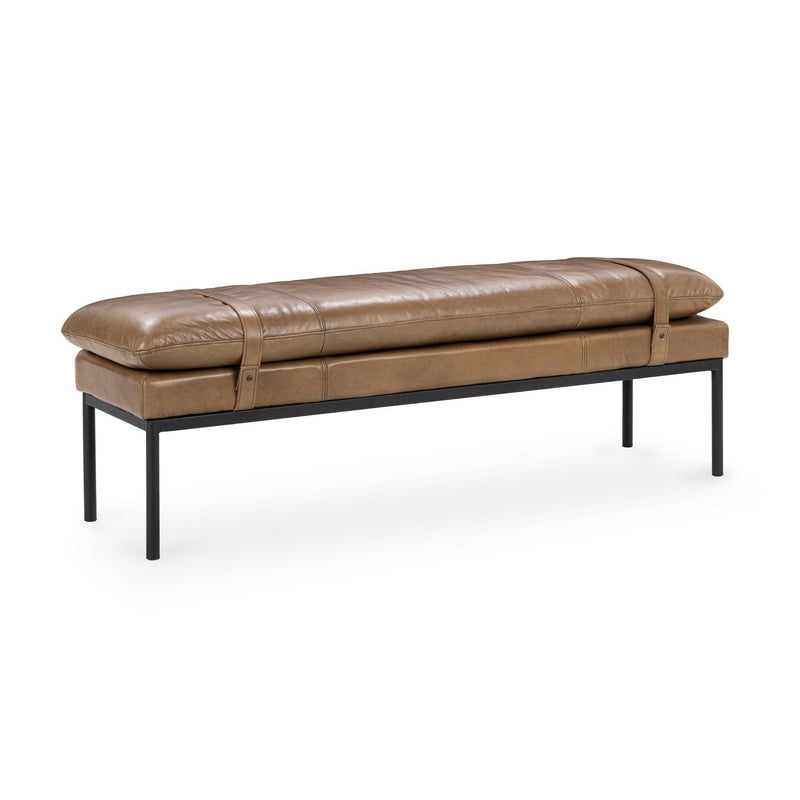 Tan leather storage-style bench with cushioned top and black metal legs