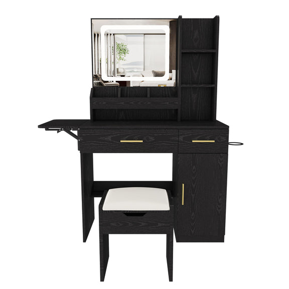 Black vanity desk with LED-lit mirror, open shelves, drawers, cabinet, side extension, and stool