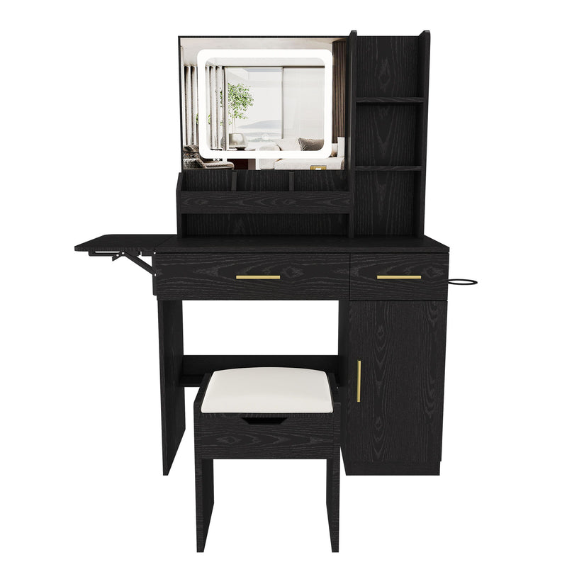 Black vanity desk with LED-lit mirror, open shelves, drawers, cabinet, side extension, and stool