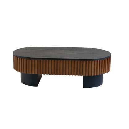 Oval coffee table with dark tabletop, light wood slatted sides, and black legs