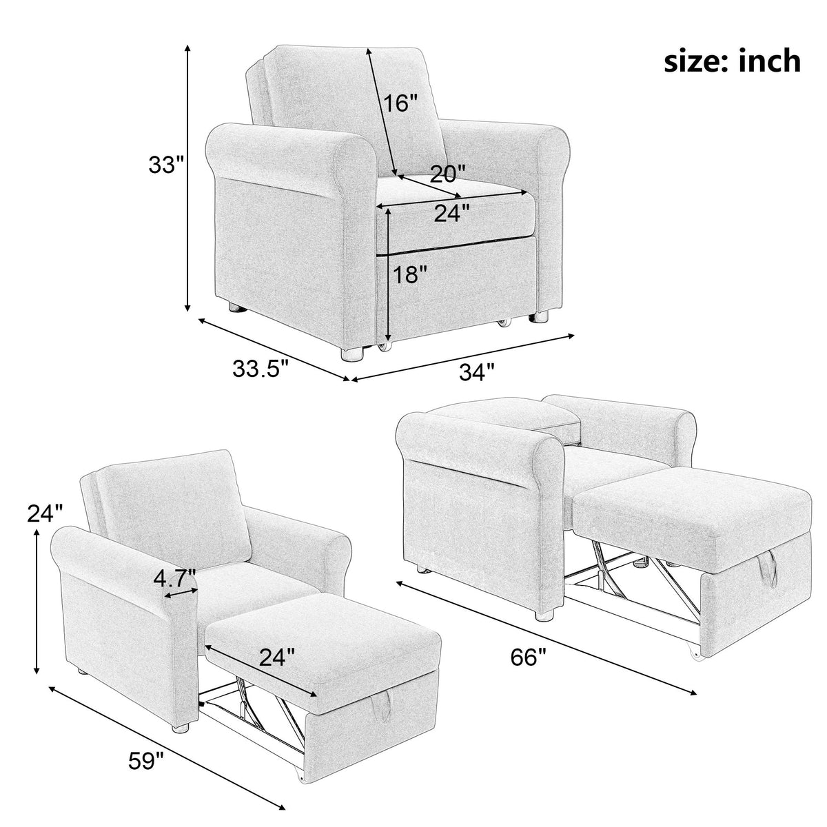 Modern 3 In 1 Convertible Sleeper Chair Bed, Linen Upholstery, Adjustable Backrest