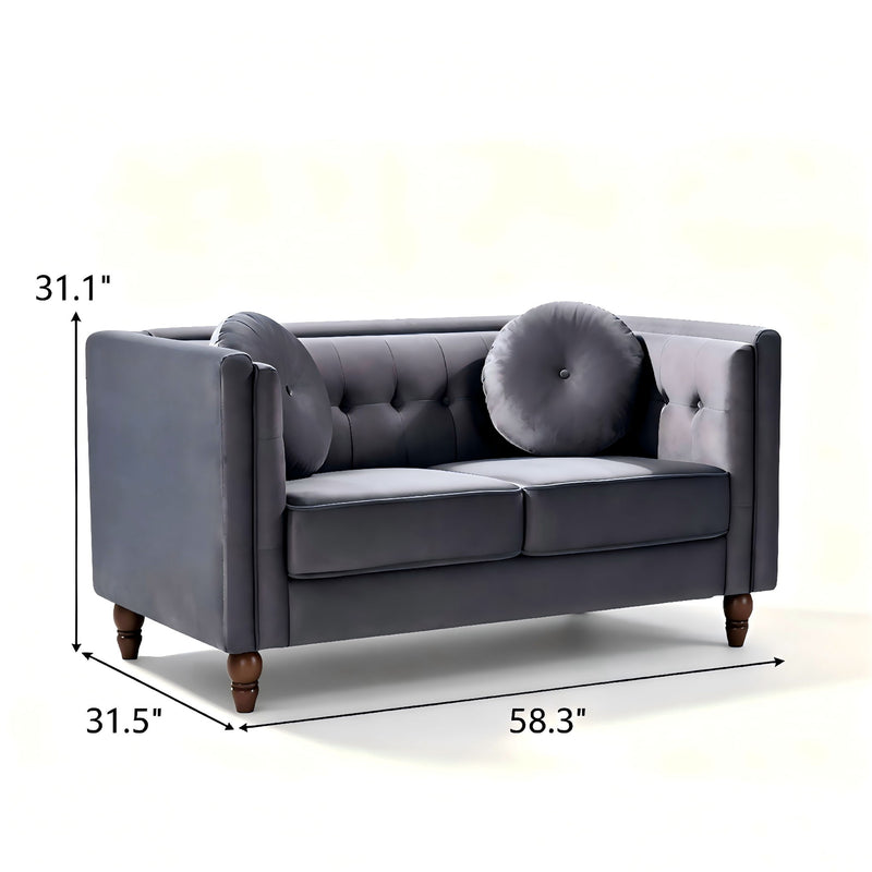 Light gray 2-seater velvet loveseat with tufted back and round accent pillows