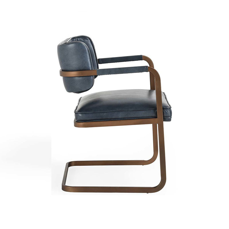 Blue upholstered dining chair with padded arms, cushioned seat, and curved base.