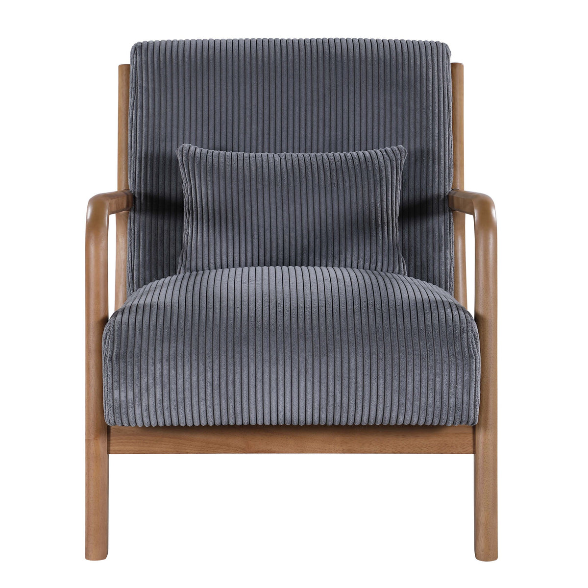 Dark gray upholstered armchair with striped back support pillow and padded armrests