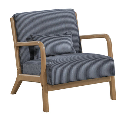 Dark gray accent chair with plush cushion, padded backrest and armrests, wood frame