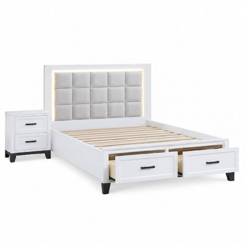 White upholstered platform bed with tufted headboard, LED trim, and underbed drawers